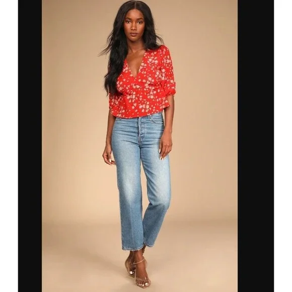 NWT Sage the Label Lulus Red Floral Wrap Top - Puff Sleeve Peplum Blouse-Mediu - Picture 2 of 8